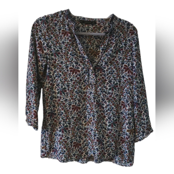 ZARA Woman Basic Multi Color Poplin V-neck Shirt Blouse Sz S - Picture 1 of 3